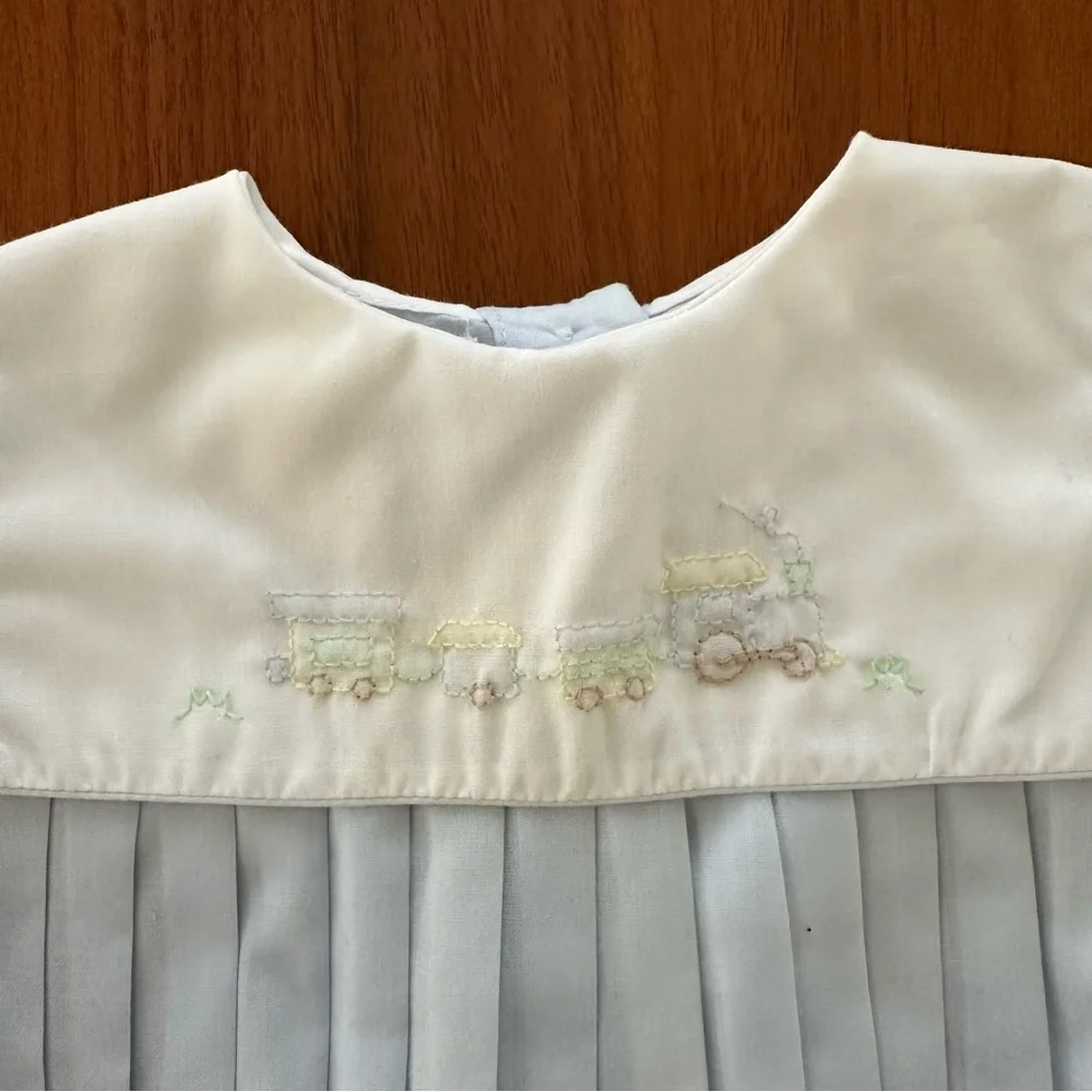 Petit Ami pleated bubble with train embroidery 6 months Light Blue Baby Romper - Picture 2 of 4